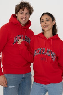 Jack & Jones Erkek Logo Baskılı Kapüşonlu Sweatshırt - Cırcle -Chinese Red - 12219675