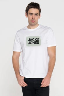 Jack & Jones Erkek Bisiklet Yaka Baskılı Tişört - Star -White - 12234347