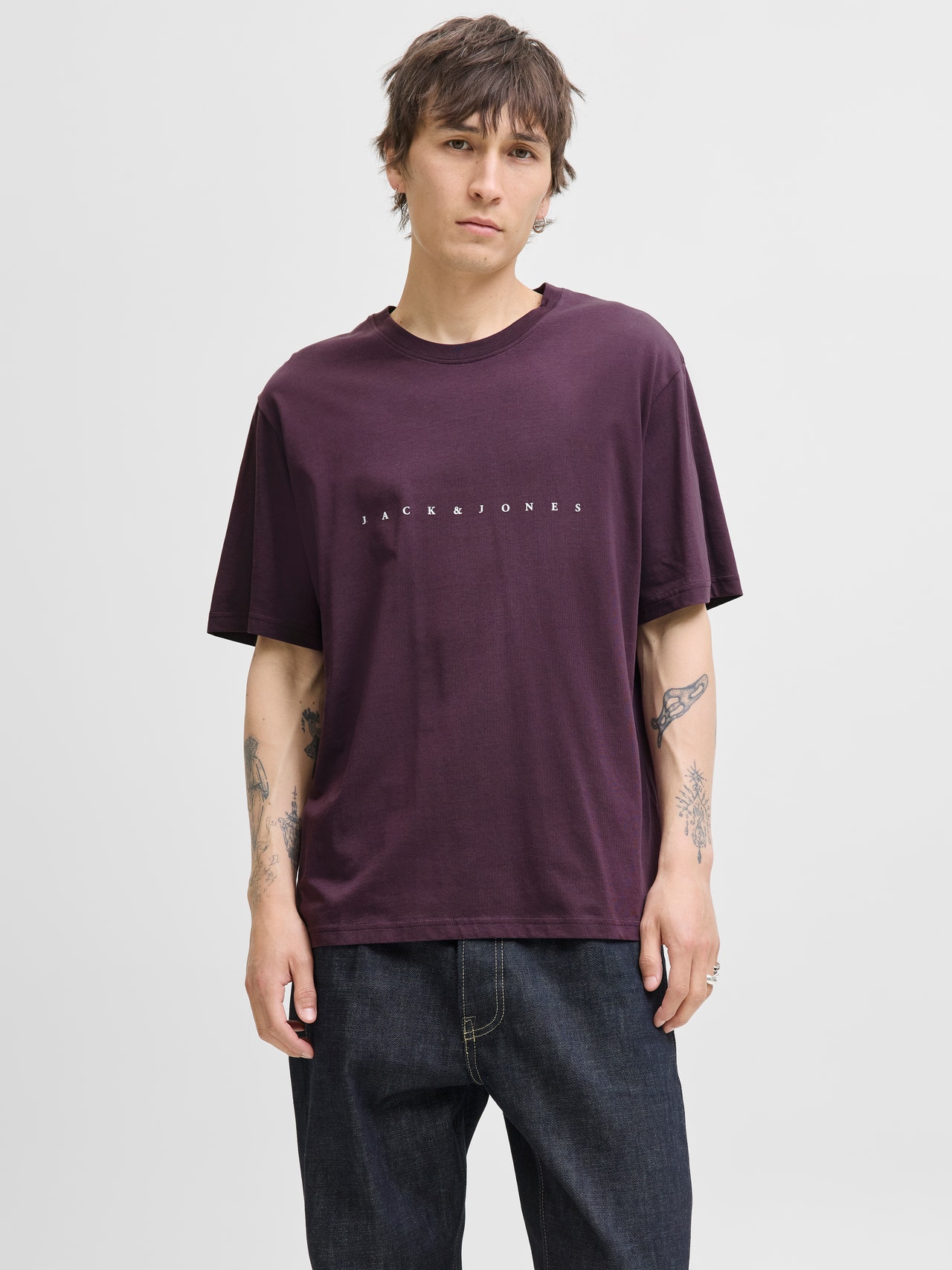 Jack & Jones Erkek Göğüs Logo Baskılı Tişört - Star -Plum Perfect - 12234746