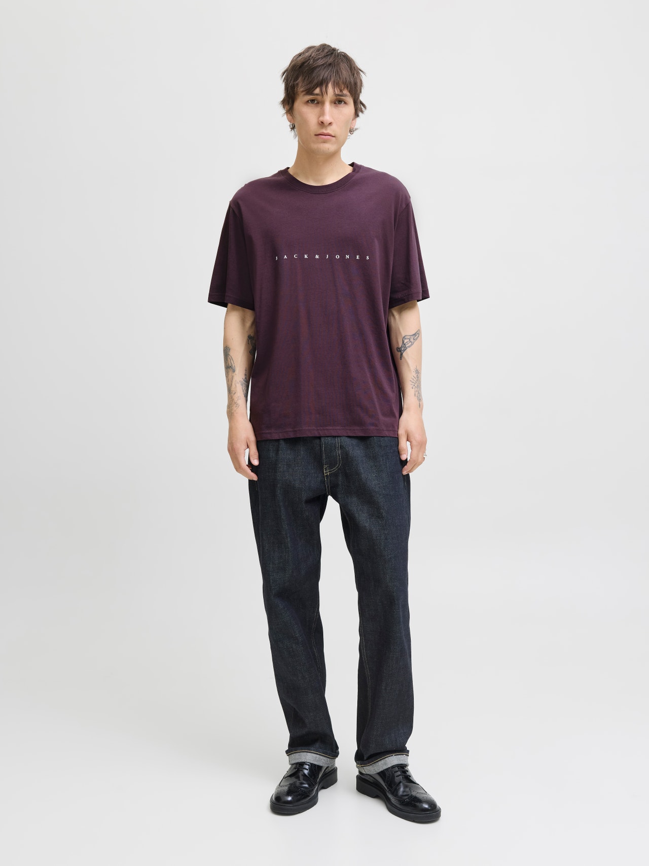 Jack & Jones Erkek Göğüs Logo Baskılı Tişört - Star -Plum Perfect - 12234746