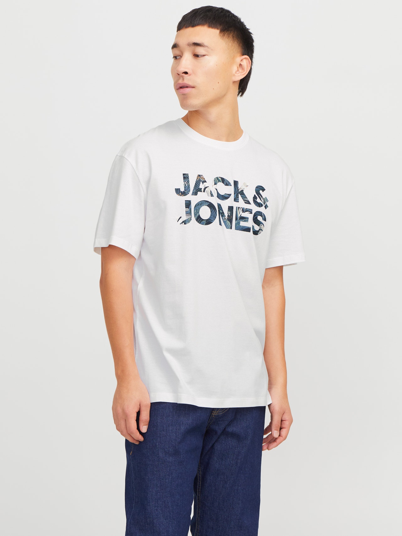 Jack & Jones Erkek Bisiklet Yaka Baskılı Tişört - Bryan -White - 12268127