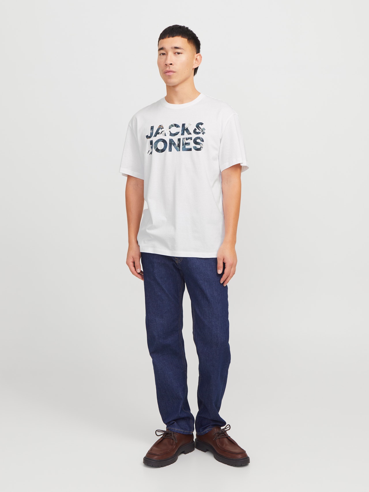 Jack & Jones Erkek Bisiklet Yaka Baskılı Tişört - Bryan -White - 12268127