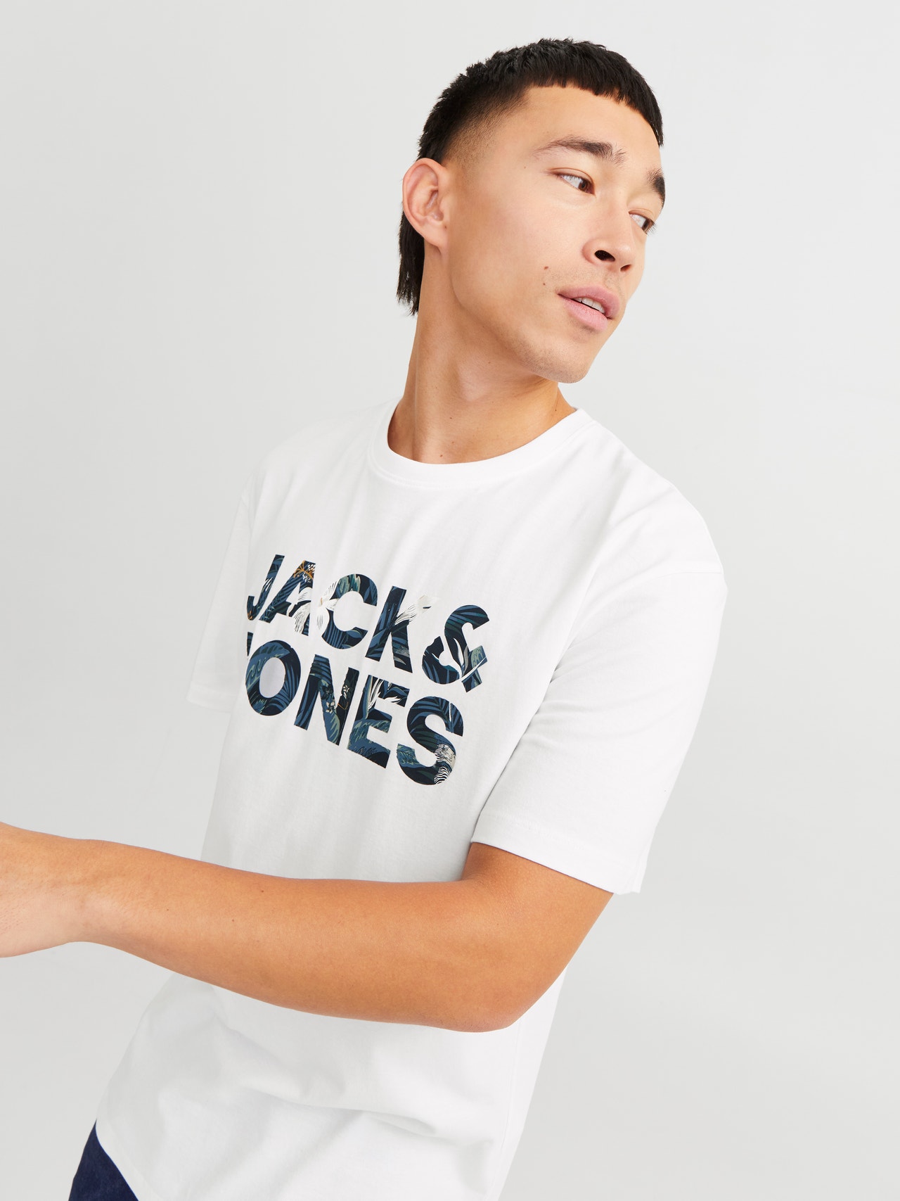 Jack & Jones Erkek Bisiklet Yaka Baskılı Tişört - Bryan -White - 12268127