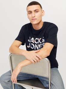 Jack & Jones Erkek Bisiklet Yaka Baskılı Tişört - Bryan -Sky Captain - 12268127