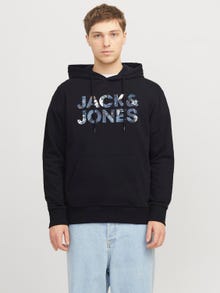 Jack & Jones Erkek Logo Baskılı Kapüşonlu Sweatshırt - Bryan -Black - 12268128