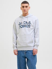 Jack & Jones Erkek Logo Baskılı Kapüşonlu Sweatshırt - Bryan -White Melange - 12268128