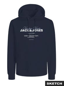Jack & Jones Erkek Kapüşonlu Logo Baskılı Sweatshırt - Boost -Navy Blazer - 12284471